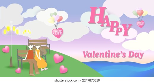 Horizontal Background. Happy valentine's day banner. Couple sitting on a park bench in the evening. vector text  Happy valentine's day, balloon heart, river, garden lamp posts, hearts, clouds. 