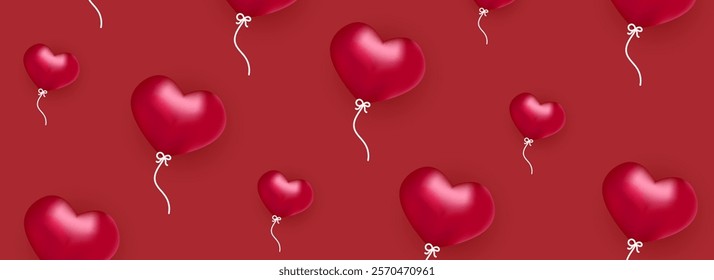 Horizontal background with heart shaped balloons. Romantic design for web banner, poster, social media, cover.