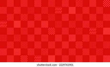 Horizontal background illustration of a checkered pattern in which red squares with various Japanese 
 traditional patterns are lined up