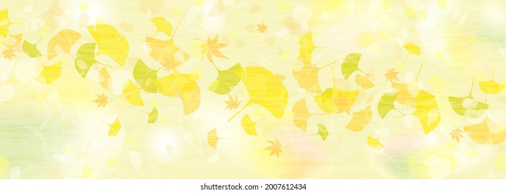 Horizontal background illustration of colorfully colored ginkgo leaves