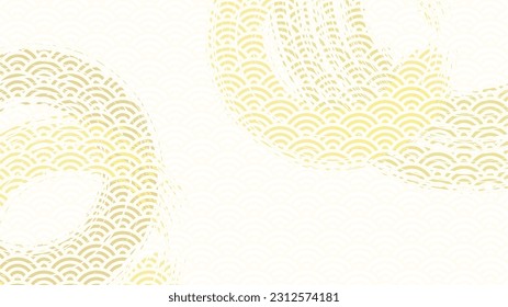 Horizontal background illustration combining Japanese wave patterns and round brush strokes.