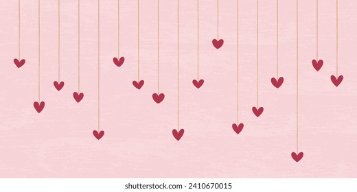 Horizontal background material:　Vector illustration of hanging, hand-drawn hearts lined up