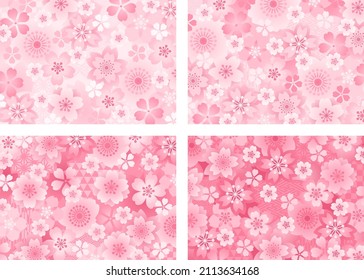 Horizontal background illustration set with Japanese pattern decoration and cherry blossoms