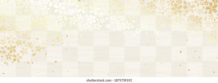 Horizontal background illustration that combines traditional Japanese checkered pattern and cherry blossom pattern