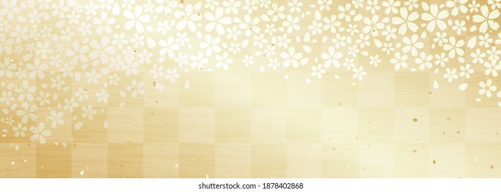 Horizontal background illustration that combines traditional Japanese checkered pattern and cherry blossom pattern