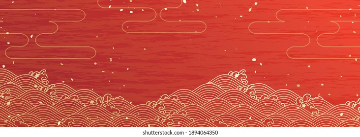 Horizontal background illustration of traditional Japanese wave and cloud pattern