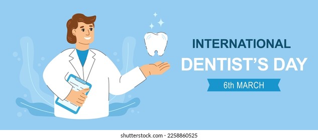 Horizontal background for international dentist day celebration. Flat cartoon illustration suitable for poster or banner.