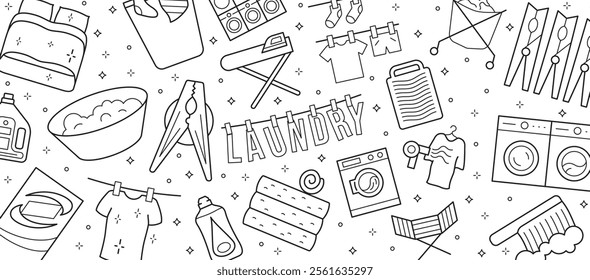 Horizontal background with laundry service linear objects. Washing machine, powder, clothespins, washing gel, clothes, iron and other. Vector illustration