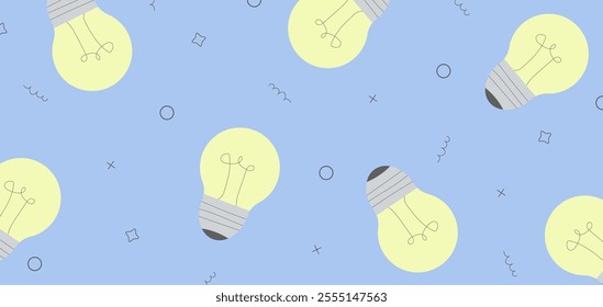 Horizontal background with light bulbs. Flat vector illustration for web banner, cover, print, wallpaper, business concept.