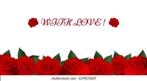 Horizontal background made of bright red roses. Card with flowers for congratulations on Valentines day, womens day, mothers day or for wedding.