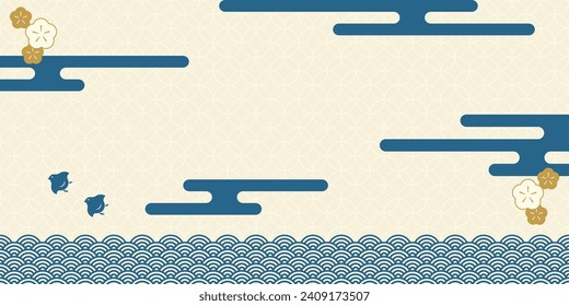 Horizontal background material: A collection of Japanese traditional patterns - Landscape of plovers flying over the sea