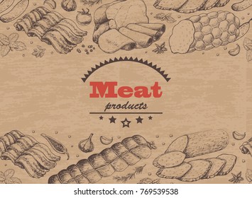 Horizontal background with meat products. Vector illustration for your design
