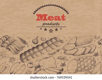Horizontal background with meat products. Vector illustration for your design