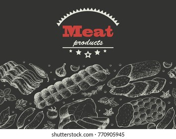 Horizontal background with meat products. Vector illustration for your design