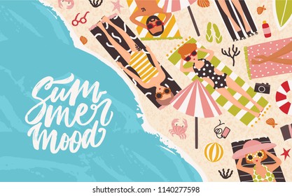 Horizontal background with men and women lying on beach, relaxing and sunbathing near sea or ocean and elegant Summer Mood lettering handwritten with cursive font. Flat cartoon vector illustration.