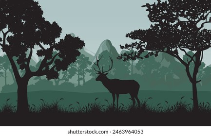 Horizontal background with mountain forest and deer