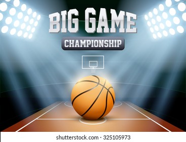 Horizontal Background night basketball stadium in the spotlight with big ball. Editable Vector Illustration.