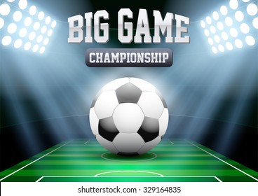 Horizontal Background night football soccer stadium in the spotlight with big ball. Editable Vector Illustration.