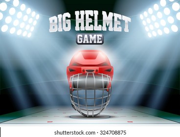 Horizontal Background night ice hockey stadium in the spotlight with big goalie helmet. Editable Vector Illustration.