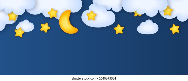 Horizontal background with the night sky. Moon with clouds and stars for children's design