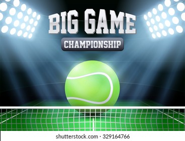 Horizontal Background night tennis stadium in the spotlight with big ball. Editable Vector Illustration.