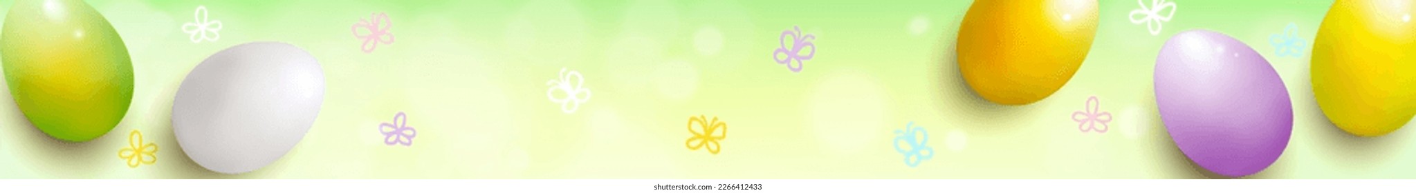 Horizontal background with painted Easter eggs on a spring background