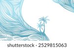 Horizontal background palm trees and sea graphic lines. Hand drawing. Not AI, Vector illustration
