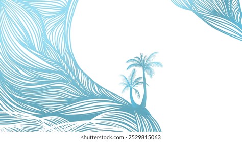 Horizontal background palm trees and sea graphic lines. Hand drawing. Not AI, Vector illustration