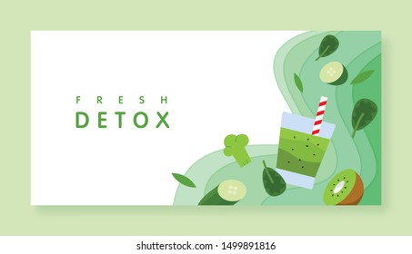 Horizontal background with paper cut shapes. Smoothie or detox cocktail in the glass. Colorful carving art background. Vector design. Eps10