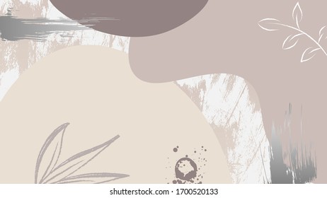 Horizontaler Hintergrund mit pastellfarbenem Grunge-Design. Hochzeitsdekoration mit Pflanzenblättern und Pinselstrichen Vektorillustration Illustration.