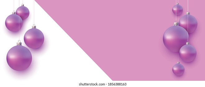 Horizontal background with pink  christmas tree balls hanging on strings. Space for text. Vector holiday illustration.