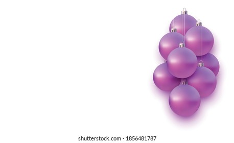 Horizontal Background with pink christmas tree balls hanging on strings. Space for text. Vector holiday illustration.