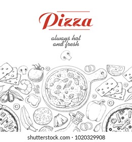 Horizontal background with pizza and various products. Vector illustration for your design