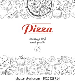 Horizontal background with pizza and various products. Vector illustration for your design