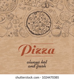 Horizontal background with pizza and various products. Vector illustration for your design