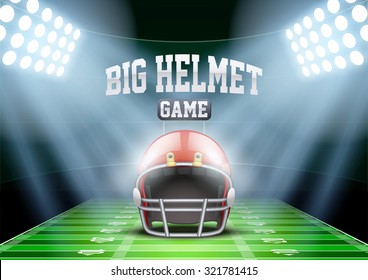 Horizontal Background for posters night american football stadium in the spotlight with big sport helmet. Editable Vector Illustration.