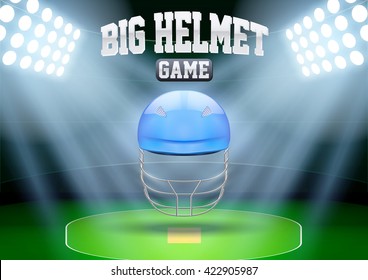 Horizontal Background for posters night cricket stadium with cricket helmet in the spotlight. Editable Vector Illustration.