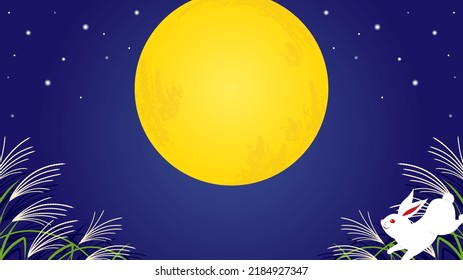 horizontal background with a rabbit, silver grasses and full moon