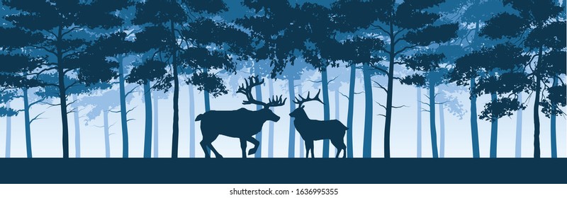 horizontal background realistic forest landscapes with deers in blue sky isolated. vector illustration.