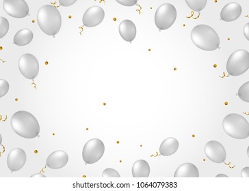 Fondo horizontal con globos de helio realistas, brillo plateado y alisadores. Máscara de recorte usada.