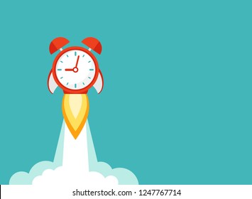 horizontal background with red alarm clock rocket ship with fire and clouds. time, watch, limited offer, deadline symbol. Vector illustration on blue. Time to work. Countdown shuttle