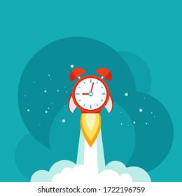 horizontal background with red alarm clock rocket ship with cosmos stars and clouds. time, watch, limited offer, deadline symbol. Vector illustration on blue. Time to work. Countdown shuttle