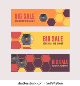 Horizontal Background Red and Orange Colors Flat Website Banner. Web Layout Ad, Vector Cover Illustration. Image Add Business Advertisement Design Collection with Creative Geometric Elements Set