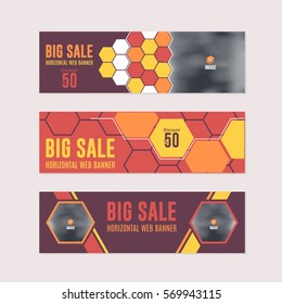 Horizontal Background Red and Orange Colors Flat Website Banner. Web Layout Ad, Vector Cover Illustration. Image Add Business Advertisement Design Collection with Creative Geometric Elements Set