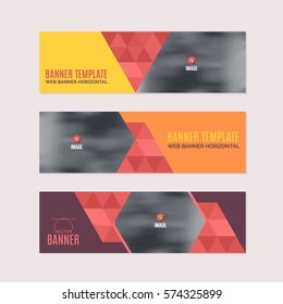 Horizontal Background Red and Orange Colors Flat Website Banner. Web Layout Ad, Vector Cover Illustration. Image Add Business Advertisement Design Collection with Creative Geometric Elements Set