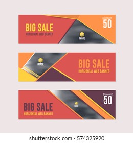 Horizontal Background Red and Orange Colors Flat Website Banner. Web Layout Ad, Vector Cover Illustration. Image Add Business Advertisement Design Collection with Creative Geometric Elements Set