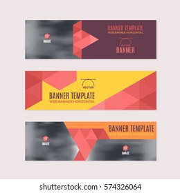 Horizontal Background Red and Orange Colors Flat Website Banner. Web Layout Ad, Vector Cover Illustration. Image Add Business Advertisement Design Collection with Creative Geometric Elements Set