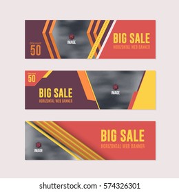 Horizontal Background Red and Orange Colors Flat Website Banner. Web Layout Ad, Vector Cover Illustration. Image Add Business Advertisement Design Collection with Creative Geometric Elements Set