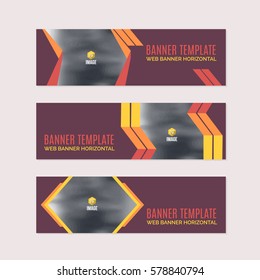Horizontal Background Red and Orange Colors Flat Website Banner. Web Layout Ad, Vector Cover Illustration. Image Add Business Advertisement Design Collection with Creative Geometric Elements Set