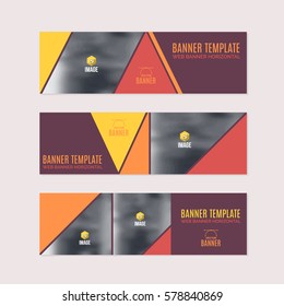 Horizontal Background Red and Orange Colors Flat Website Banner. Web Layout Ad, Vector Cover Illustration. Image Add Business Advertisement Design Collection with Creative Geometric Elements Set